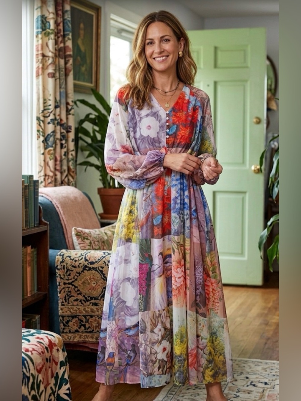 DALIA MACPHEE Balloon Sleeve Color Block Floral Maxi Dress botanical wedding